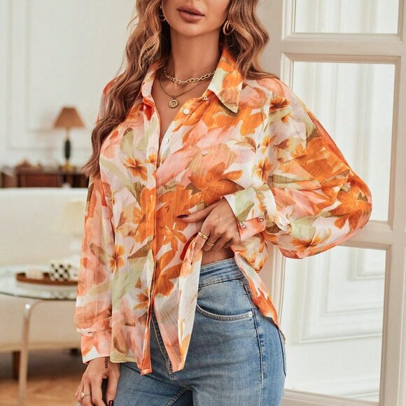 Orange Boho Women's Floral Print Button Down Loose Fit Long Sleeve blouse - Picture 5 of 6